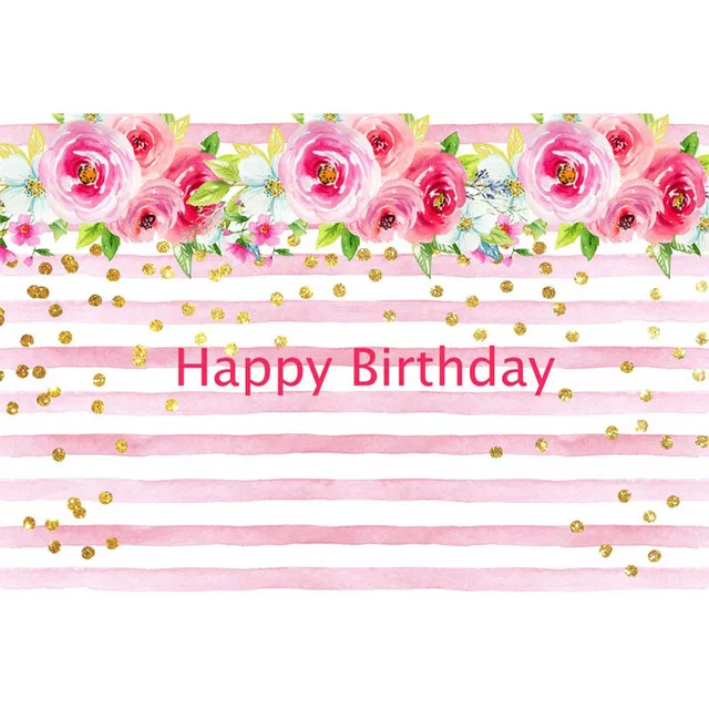 Vinyl Happy Birthday Backdrop Printed Gold Polka Dots Flowers