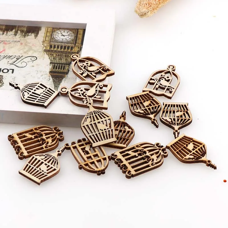 50Pcs DIY Wooden birdcage pendant Embellishments Crafts Scrapbooking Supplies Hand-made Graffiti Buttons