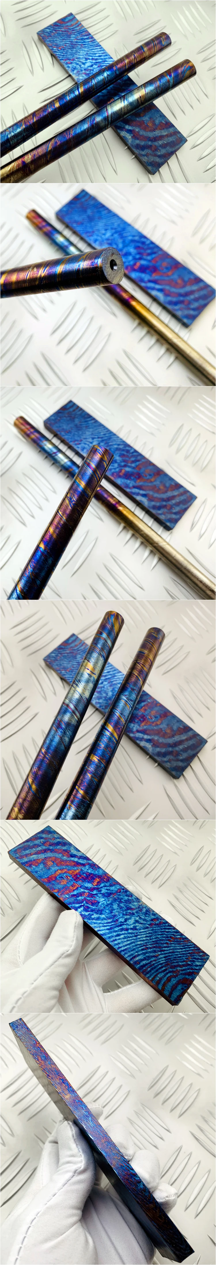 Roasted Blue Titanium EDC Material Damascus Steel Round Bar 400X14mm Twist Pattern Damascus Plate 160X40X8.5mm Jewelry Material