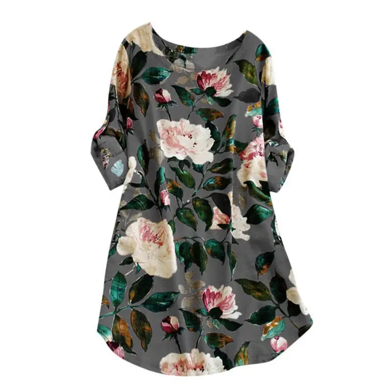 

Hot Retro Women Ladies Long Sleeve Summer Dress Short Linen 2019 Beach Party Floral Printed O Neck Dress Plus Size Mini Dresses