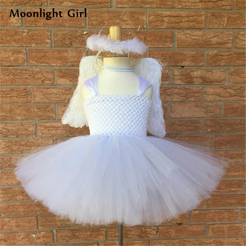 

1-14Y Baby Girls White Angle Tutu Dress For Kids Cosplay Wings Children Set Outfit Mini Angle Dress Halloween Costume MK001