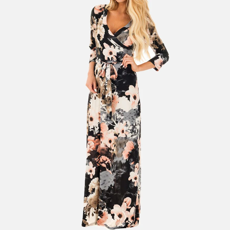 

Floral Print V Neck Sashes Women Dresses 2019 Summer High Waist Side Split Three Quarter Sleeve Chic Female A Line Lady's Dress