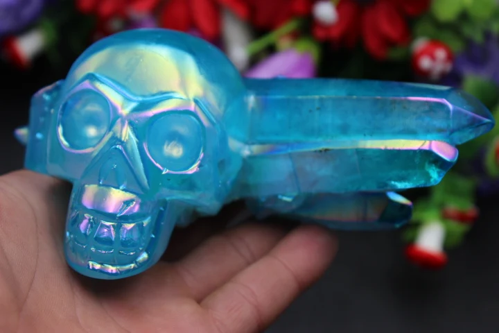 Image TOP+++++++407g   Natural blue angel ring specimen carving skull to heal