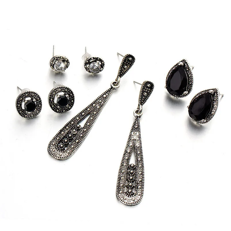2018 Trendy stud earrings for Women Bohemia Black Long Retro Zircon 4 Pair Stud Earrings Set Combination Brincos J04#N (1)