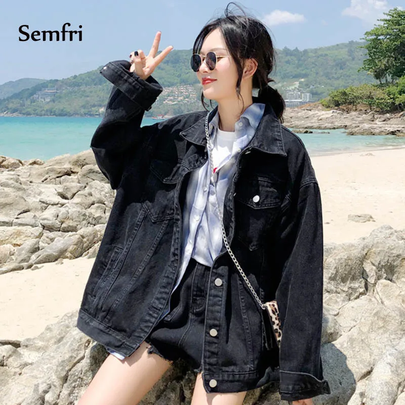 Semfri Куртка женская черная джинсовая куртка K pop стиль свободные карманы джинсовое