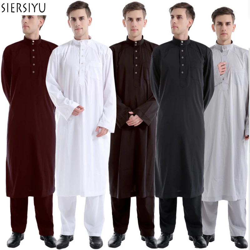 

Ramadan 2019 Muslim Men Islamic Clothing Two Piece Robes with Pants Set Kaftan for Arabia Men Black Brown White Grey Abaya