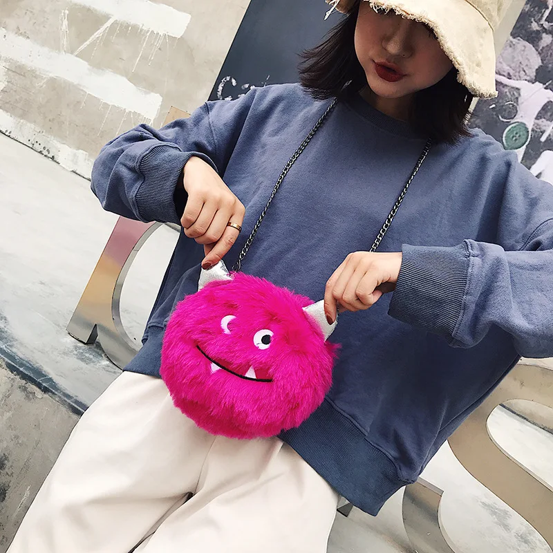 

Fashion Women Faux Fur Bags Monster Chain Messenger Shoulder Bags For Girls Cartoon Cute Female Mini Crossbody Handbag Bags