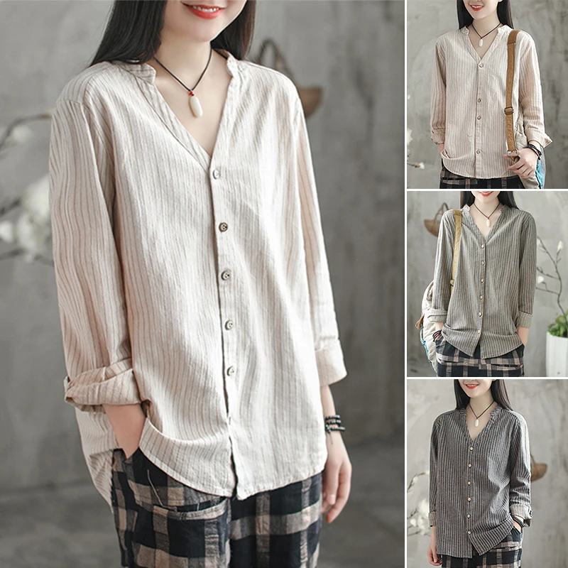 2019 Autumn Cotton Linen Shirt ZANZEA Women Casual V Neck Top Striped