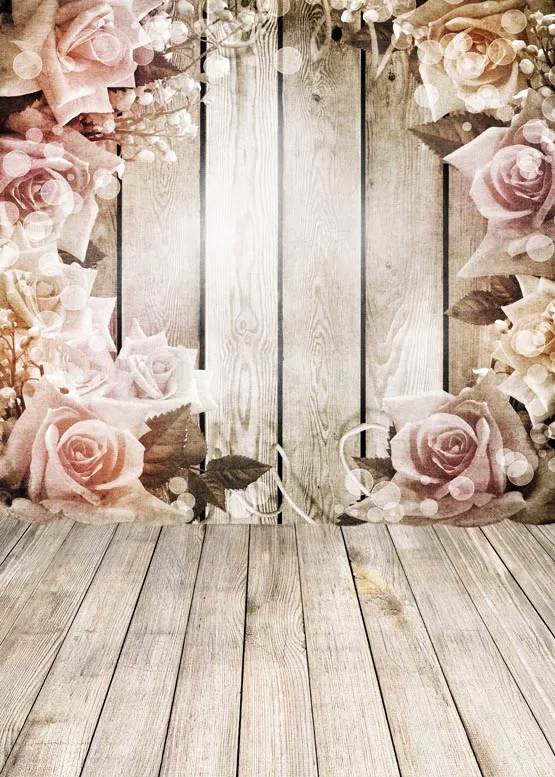 Custom vinyl cloth pink rose flowers wood plank photography backdrops