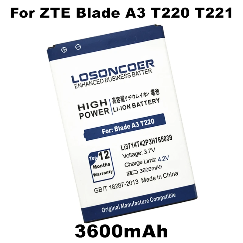 

LOSONCOER 3600mAh Mobile Phone Batteries Li3714T42P3h765039 Battery for ZTE Blade A3 T220 AF3 T221 A5 AF5 T221 C341 Battery