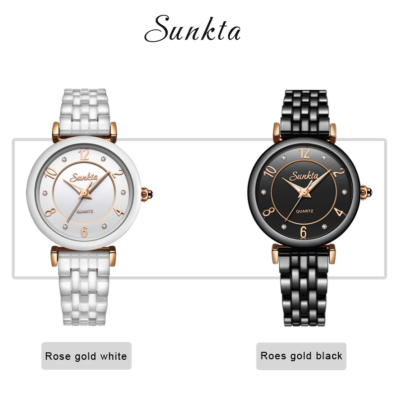 

SUNKTA Ceramic Diamond Quartz Watch Rose Gold Women Watches Waterproof Top Brand Luxury Watch Women Dress Clock Relogio Feminino