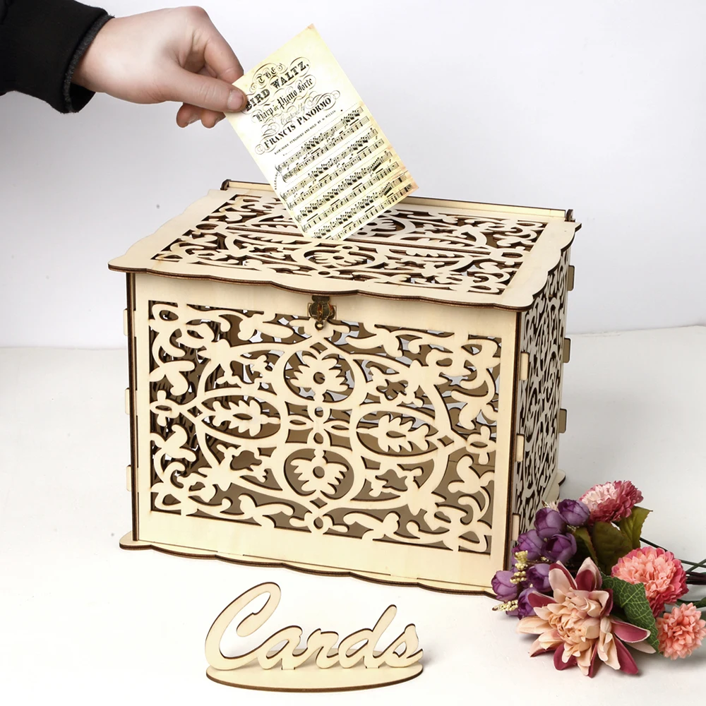 Keepbest DIY Wooden Wedding Card Box with Lock and Slot for Rustic Wedding Decoration 