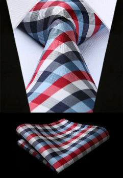 

TC714R8S Plaid Red Blue Check 3.4" Silk Tie Party Wedding Handkerchief Set Woven Classic Men Tie Necktie