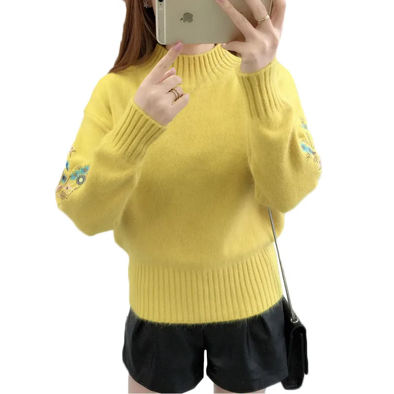 

2019 Autumn Winter Sweater Women Casual Embroidery Pullovers Female Korean Half Turtleneck Long Sleeve Warm Knit Tops Pull Femme