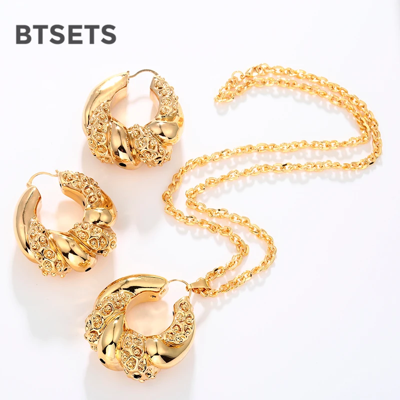 

BTSETS Nigerian Wedding Jewelry Sets Big Hoop Earrings Dubai Jewelry Sets For Bride Copper Turkish Jewelry Women Indian Jewelry