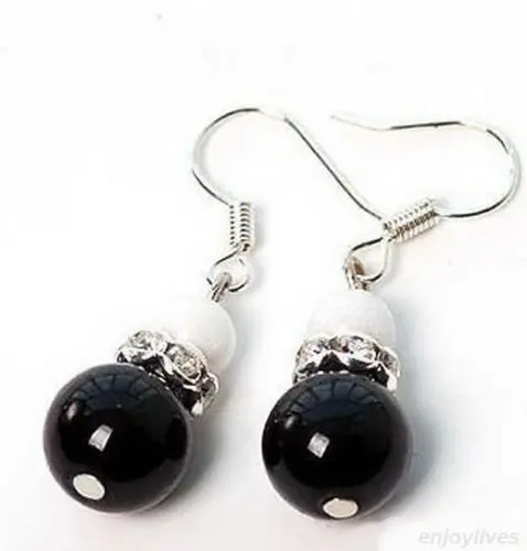 

Hot sale new Style >>>> Genuine Black Agate White Pearl Crystal 925 Sterling Silver Earrings