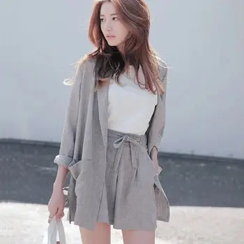 

Women's Suit 2 Pieces Set Cotton Linen Suit Summer Loose Blazer Bow Women Tracksuit High Quality Short Pant Suits
