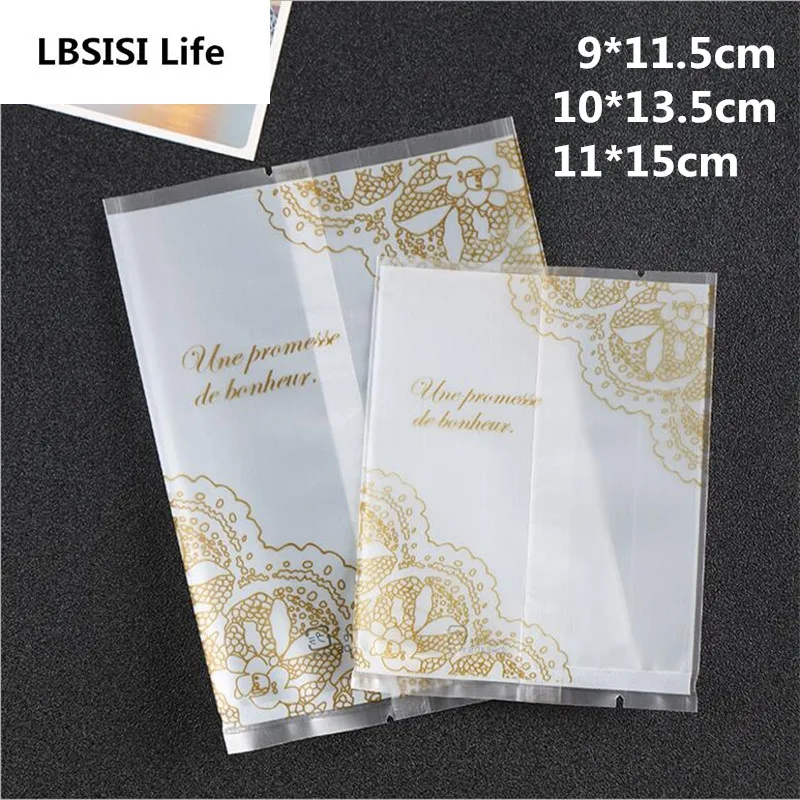 

100Pcs Thicker Flower Lace Letters Frosted Food Biscuit Envelope DIY Baking Cake Bags Gift Cookie Packing Flat Plastic Bag