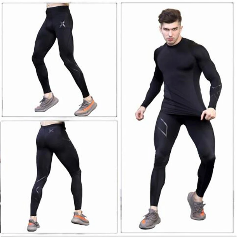 

Hot Men's Compression Run jogging Suits Clothes Sports Set Long t shirt And Pants Gym Fitness workout Tights clothing 2pcs/Sets