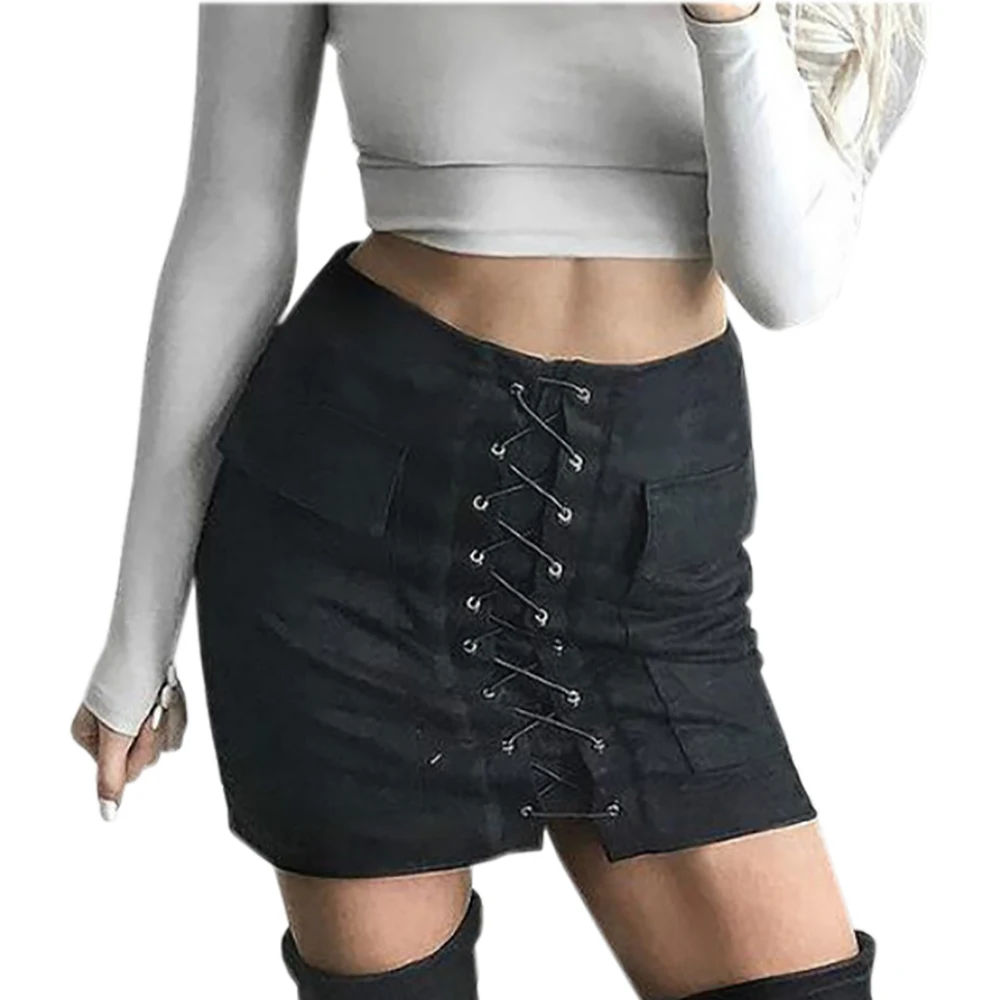 

Vintage Pencil Bodycon Skirts Sexy 2017 Autumn Lace Up Women Mini SkirtNew Fashion Suede Empire Solid Pockets Club Wear M0676