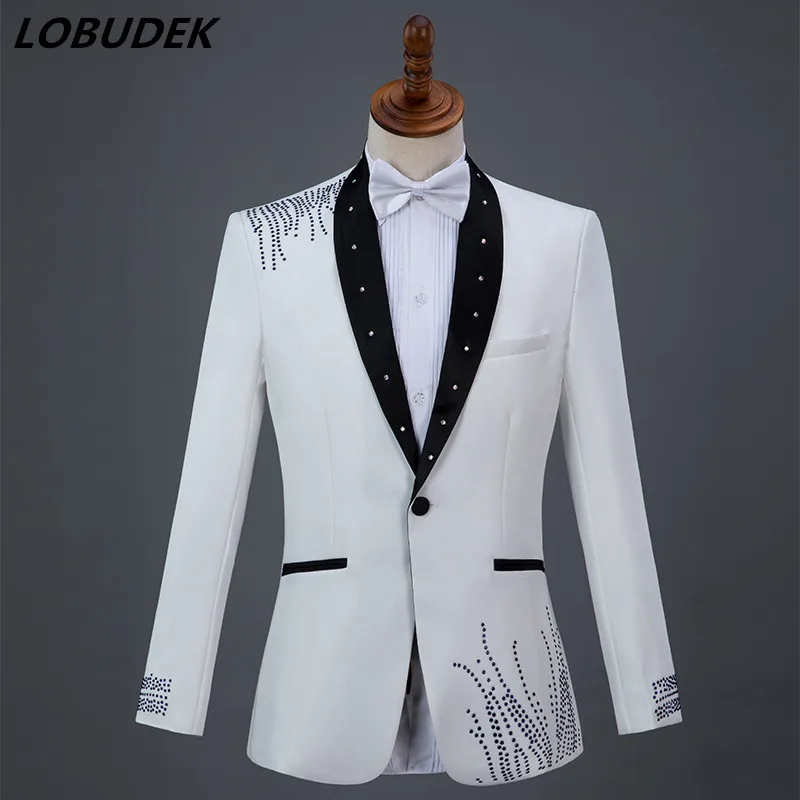

Adult Men's Suits Bling Crystals White Blue Blazers Costume singer Chorus stage outfit Prom Compere Wedding Master show costumes