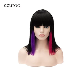 

ccutoo 16inch Female's Black Purple Red Mix Straight Short Flat Bangs Synthetic Hair Cosplay Costume Wigs For Party