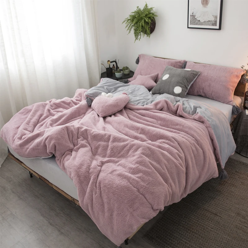 Pink White Gray Princess Comfortable Fleece Fabric Winter Thick Bedding