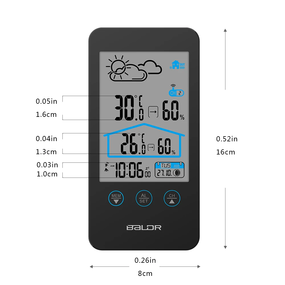 Baldr беспроводной термометр, погода, прогноз, датчик температуры, фаза Луны в/на открытом воздухе, домашний календарь, будильник, повтор, цифровые часы