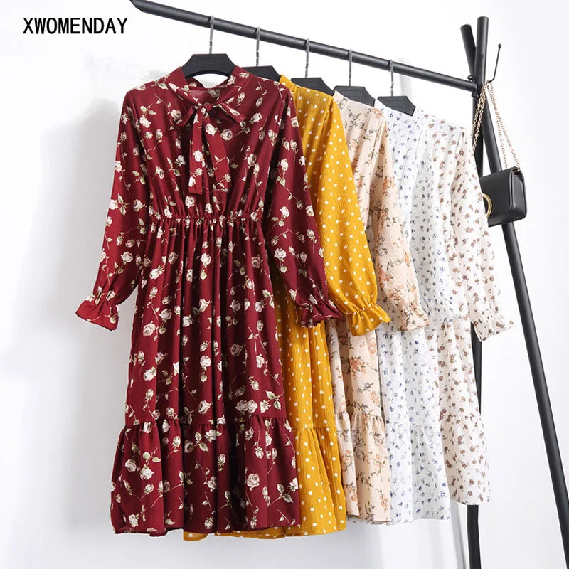 

Elegant Stand Collar Corduroy Vintage Dress 2019 Srping Ladies High Waist Bow Lace Up Butterfly Sleeve Floral Print Party Dress