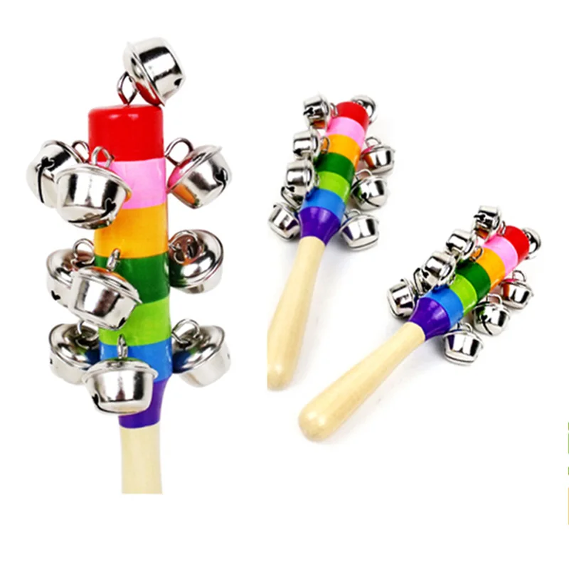 

1pc Wooden Stick Toys 10 Jingle Bells Rainbow Hand Shake Bell Rattles Baby Kids Educational Toys For Children Gift