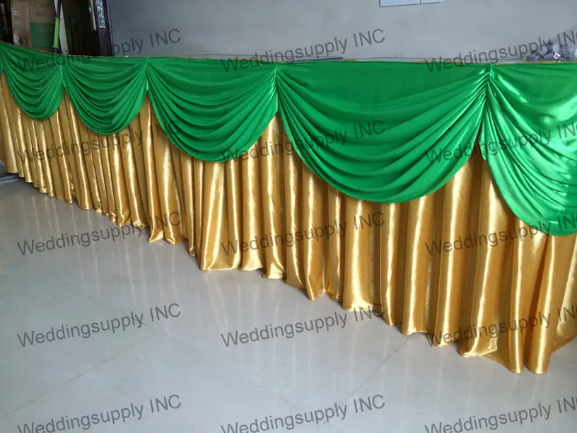 5 Pieces Luxury Wedding Gold Table Skirt With Green Swag Table Skirting