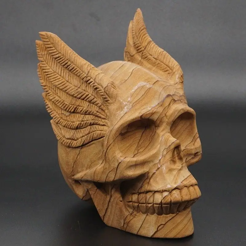 

Wings Human Skull Statue 5.0" Natural Gemstone Picture Jasper Carved Home Decor