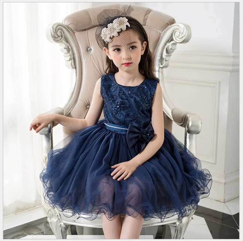 

Girls Dress 2017 Autumn Wedding Girls Kids Dresses Flowers Birthday Party Dress Teenager Princess Dress Sapphire Children Dress