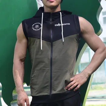 

Brand Running Vest 2018 Men Solid Cotton Sport Tank Jogging Training Sleeveless Zip Hoodies Gym Fitness Top with Pockets