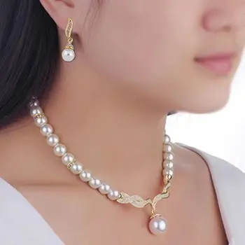 

2019 Fashion Creative Gold Color Necklace 1 Pair Earrings Wedding Bridal Pearl Jewelry Set For Women Lady Female Hot Sale
