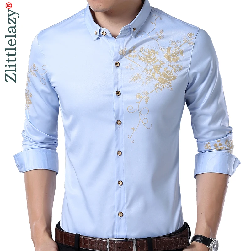 2019 социальных Длинные рукава цветок дизайнерские футболки мужчин slim fit Винтаж модная мужская рубашка Человек платье Джерси повседневная