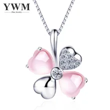 

Leaf Necklace YWM 925 Silver 4 Leaves Pendant Necklace Fashion Chain Hibiscus Stone for Women Girl Best Gift Pink 925s