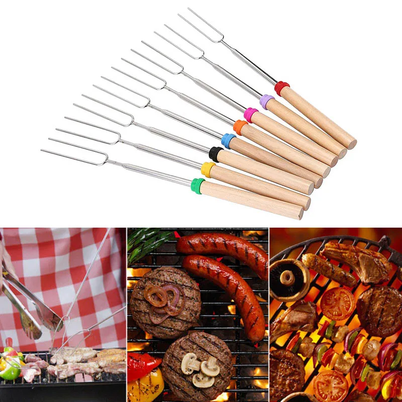 

8pcs Easily Cleaned Roasting Sticks Extendable BBQ Forks Grilling Camping Skewer Tools Stainless Steel with Bag 2018ing
