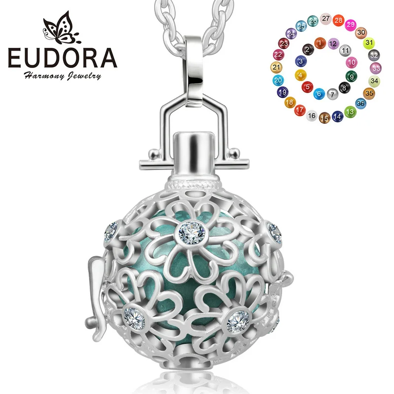 

Eudora 20mm Silver plated Harmony Ball Necklace Openwork CZ Flower Cage Pendant Maternity bell Soothe baby Fetal bell K115N20