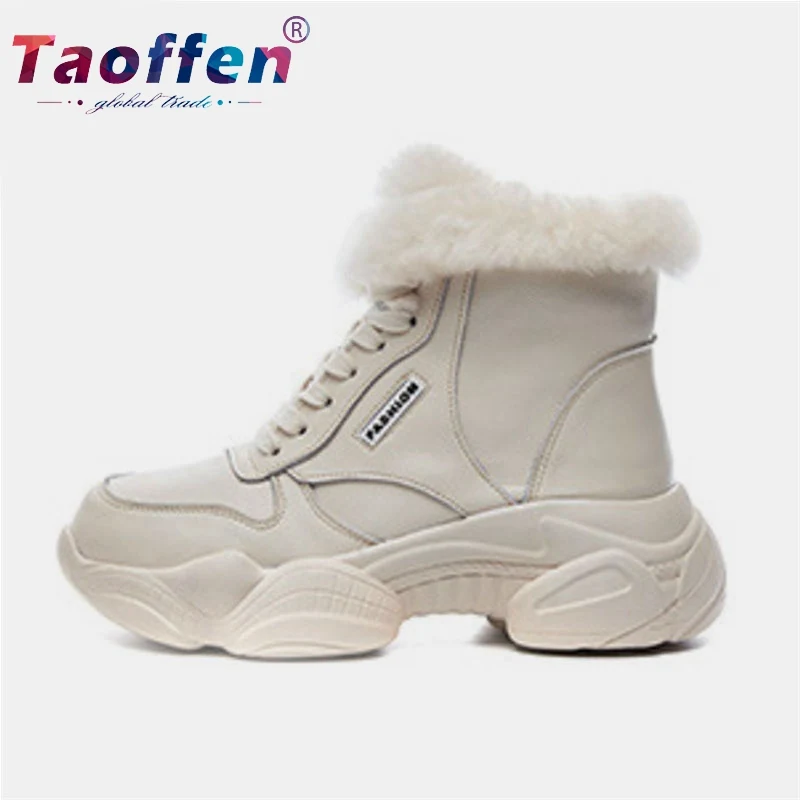 

Taoffen Real Leather Women Sport Shoes Walking Ankle Boots Warm Wearable Fur Sneakers Winter Platform COOL Shoes Size 35-40