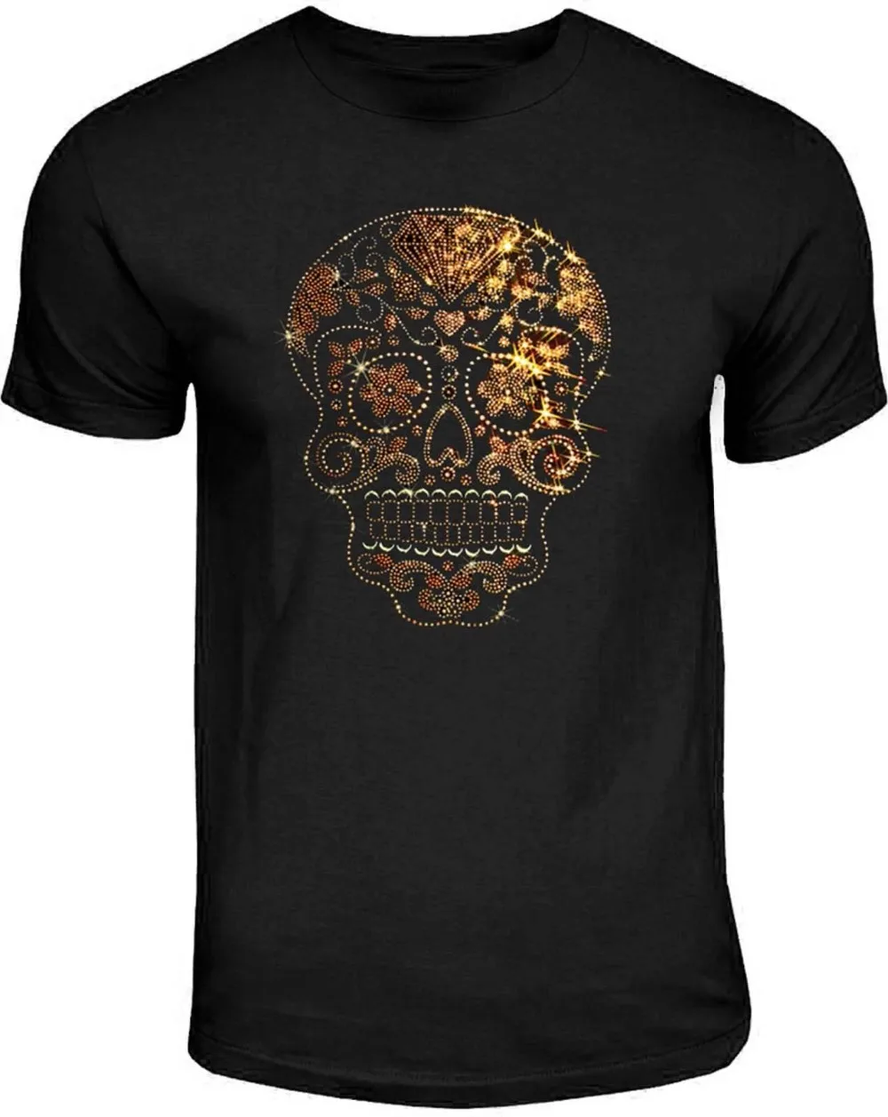 

Cotton Shirts Rhinestone Studs Sugar Skull T Shirt Mens Gold on Gold Candy Skull Tee S to 4XL Printed T Shirts Men's Streetwear
