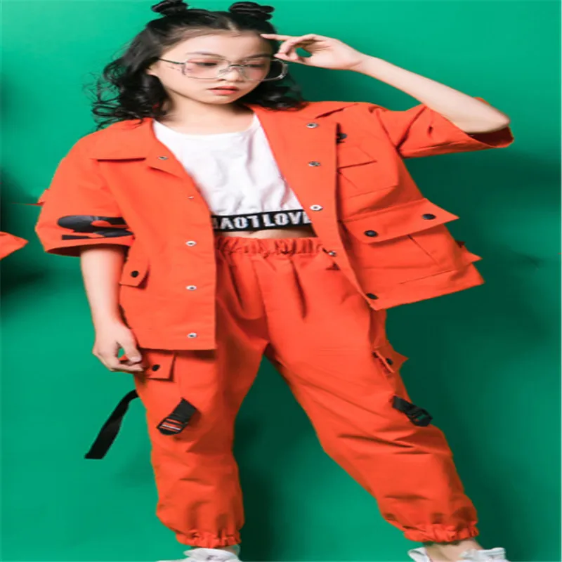Three-piece Suit Hip Hop Clothing Kids Orange Coat Long Sleeve T-Shirt Clothes Boys Girls Jazz Street Dance Costumes Clothes (1)
