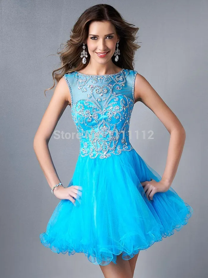 Short Dresses For Juniors Pink Blue High Neck Beading