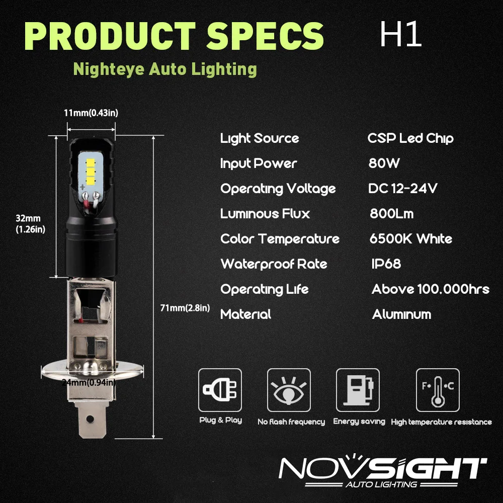 Novsight H4 H7 H1 9005 9006 H3 светодиодный головной светильник 80W 800LM Автомобильный светодиодный Противотуманные фары Дневные Фары Светильник лампы 6500K 12V CSP авто светодиодный H11 противотуманная фара