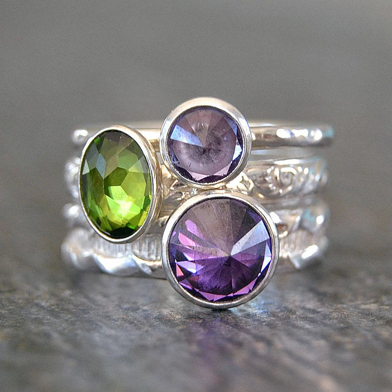 

Delicate Three Tone Purple Green Rhinestone Rings For Wedding Jewelry 3Pcs/Set Women Stacking Finger Rings Free Shipping Z3M147