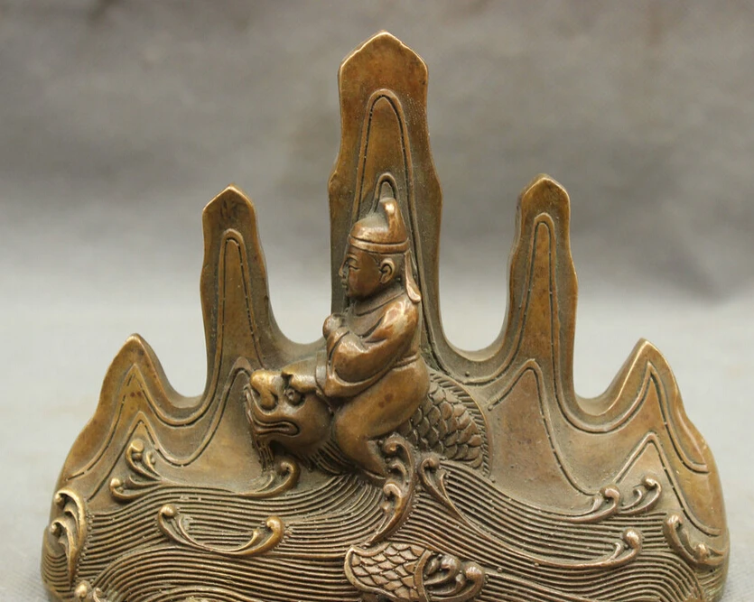 

song voge gem S3064 Chinese Bronze Copper Wealth literati Ride Dragon Fish Statue Brush Rack Holder