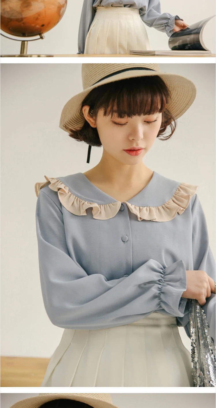 Фигурным подолом милая блузка с оборками весенняя, летняя шифоновая верхняя Для женщин рубашка Chemise Femme сорочка Blusa мухер камиза