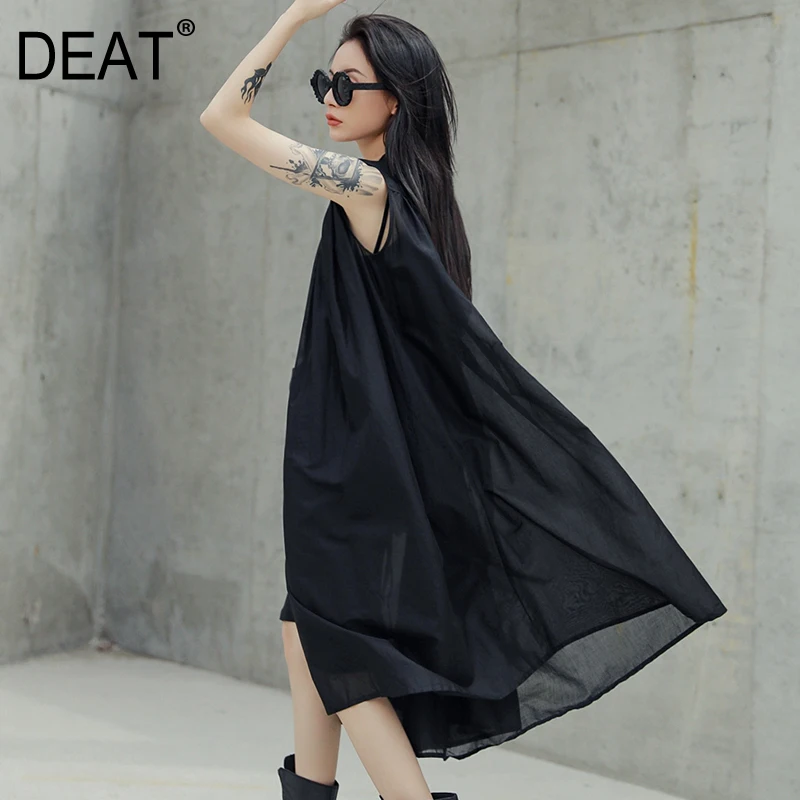 

[DEAT] 2019 New Spring Summer Stand Collar Sleeveless Black Perspective Loose Thin Big Size Dress Women Fashion Tide JU44