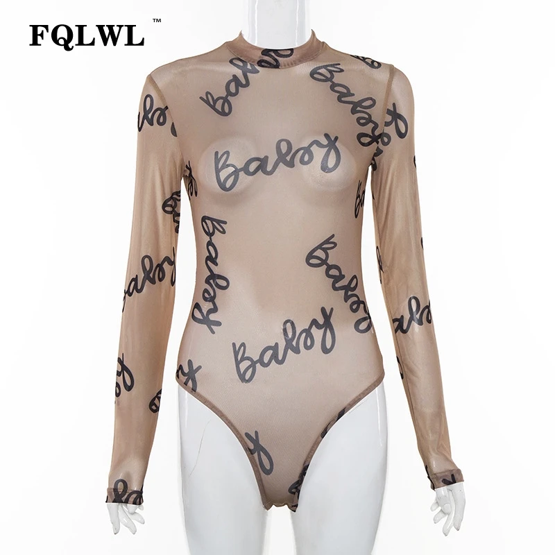 FQLWL с буквенным принтом прозрачный сетчатый боди Женский комбинезон с длинным рукавом Прозрачный Дамский облегающий сексуальный костюм женский