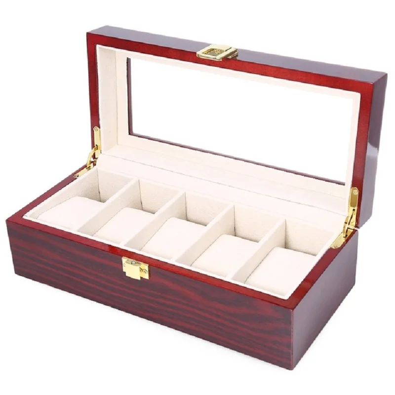 

High Quality Watch Boxes 5 Grids Wooden Watch Display Piano Lacquer Jewelry Storage Organizer Jewelry Collections Case Gifts